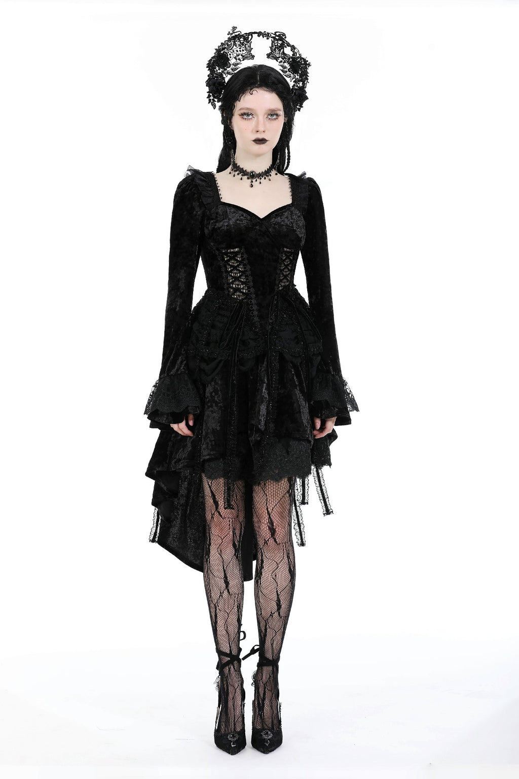 Model posing in a black Gothic dress from multiple angles inside an ornate Gothic frame, with animated bats flying around her.
