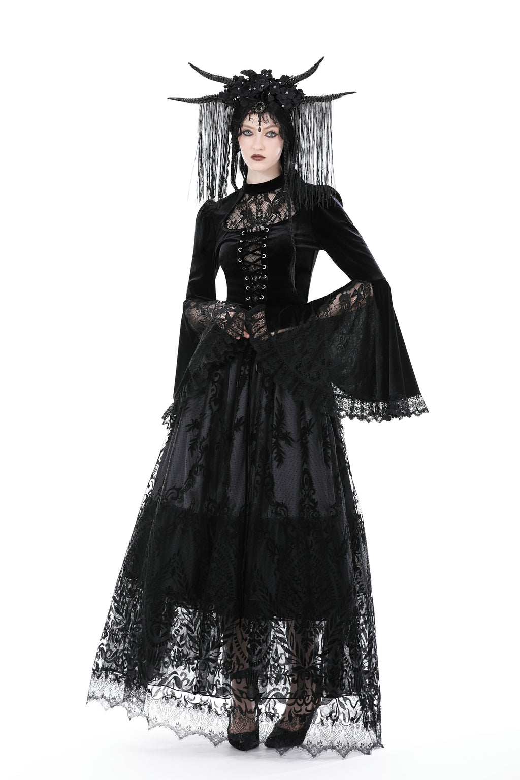 Model wearing black lace-up velvet blouse with flared lace sleeves, showing front, back, and sleeve details – Dark in Love TW539 video