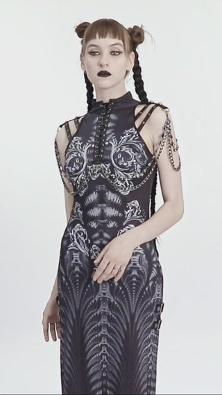 Model moves in the Punk Rave WQ-622 Gothic evening dress, turning to display the shimmering pattern, high side slits, sheer mesh panels, and strappy beaded shoulders from every angle.