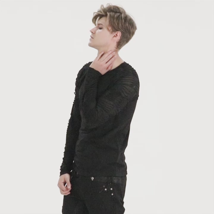Close-up video of model showcasing Punk Rave WT-524 black Gothic top, highlighting ruched sleeves and metal ring details at the neckline
