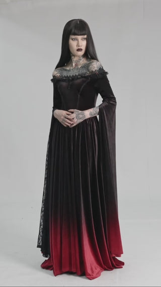 Punk Rave WQ-599 Victorian Gothic gown in black velvet with red gradient hem, shown in motion to highlight flowing sleeves and lace details.