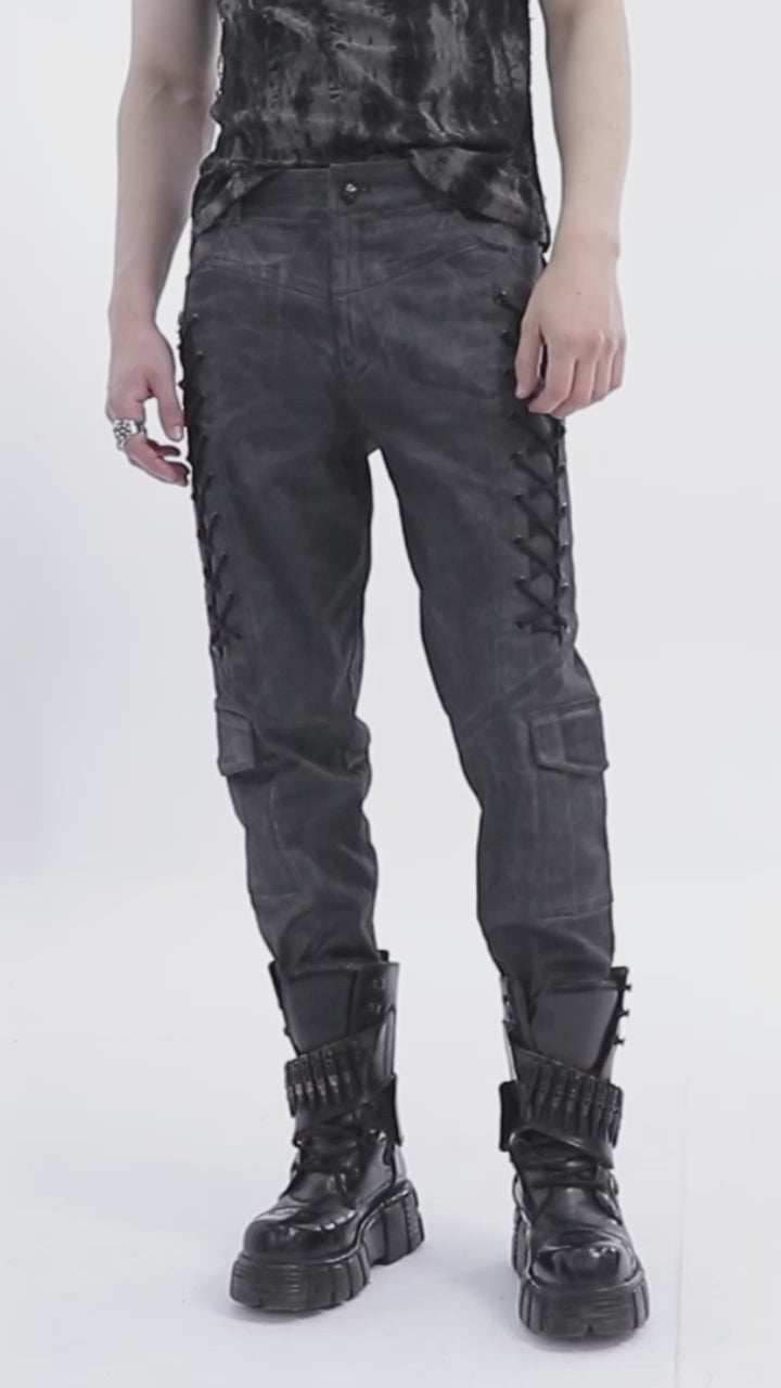 Model wears Punk Rave WK-631 Blackout Trousers, turning and walking to show side lace-up detailing, faded grey-black wash, cargo pockets, and fitted tapered legs from all angles.