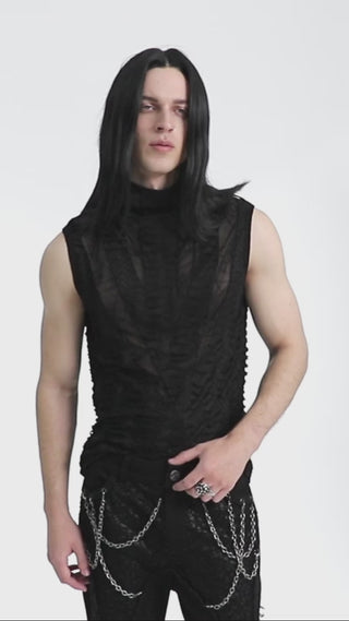 Model wears the Punk Rave WT-777 sleeveless mesh top, showing full front view, detailed close-ups of the textured sheer fabric, and full-body styling with accessories. The video highlights the top’s sculpted fit and web-like pattern.