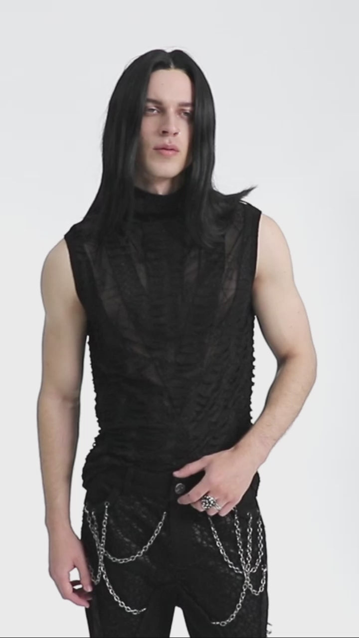 Model wears the Punk Rave WT-777 sleeveless mesh top, showing full front view, detailed close-ups of the textured sheer fabric, and full-body styling with accessories. The video highlights the top’s sculpted fit and web-like pattern.