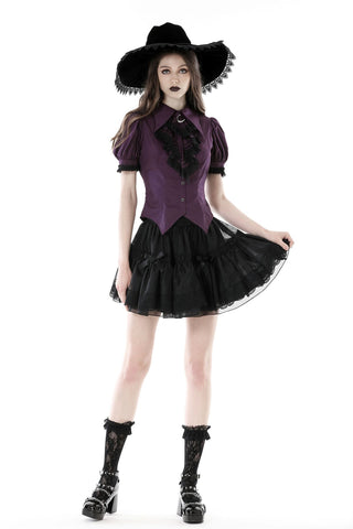 Video of model showcasing Dark in Love IW099 Purple Moon Witch Blouse in violet with puff sleeves, crescent moon collar charm, lace ruffle trim, and pointed Gothic hemline