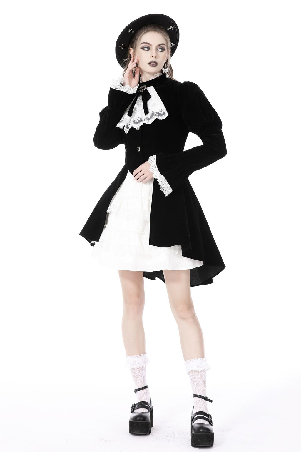 Model wearing Dark in Love JW234 black velvet Gothic Lolita jacket with lace jabot, showing front, side views.