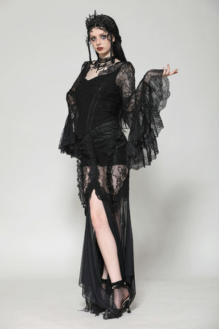 Model showcasing Dark in Love TW607 Gothic black lace top with sheer bell sleeves and basque hem, turning to display front and side details.