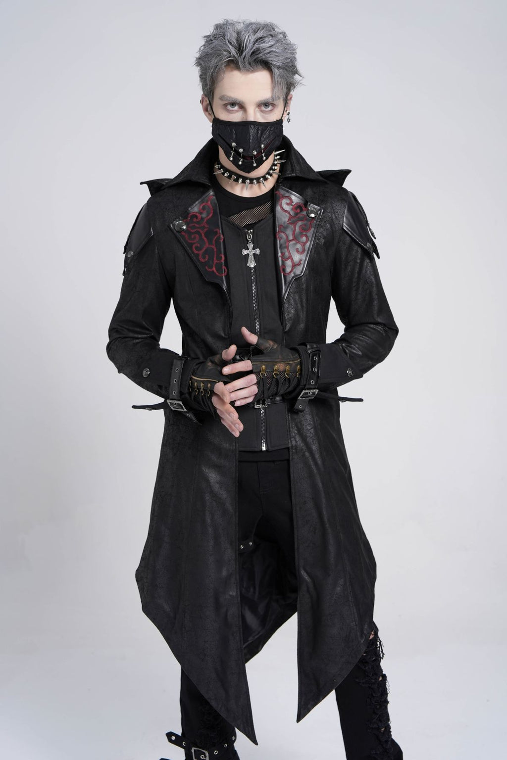 Model wearing Devil Fashion CT06901 demonstrates hooded trench coat, showing hoodie style and how the garment moves while worn.