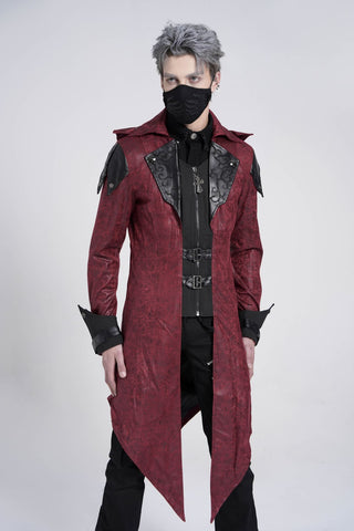 Model showcases Devil Fashion CT06902 men’s long red hooded jacket with black faux leather panels, demonstrating gothic punk Assassin’s Creed cosplay style and garment movement.