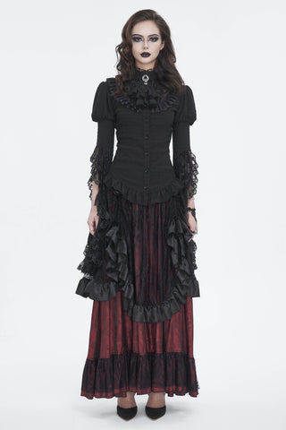 Model showcasing devil fashion sht113 a black Gothic Victorian blouse with lace Juliet sleeves, frilly jabot neckline, and button-up front on white background.