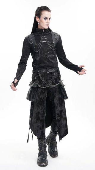Model wearing Devil Fashion SKT228 men’s post-apocalyptic black tie-dye overskirt with chains and detachable pockets, walking and turning to show front, side, and back views