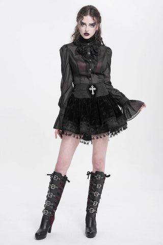 Video of Devil Fashion SKT23001 Baroness Bloodrose Mini Skirt in black velvet with jacquard waistband, jeweled cross, lace trim, and Gothic flared silhouette.