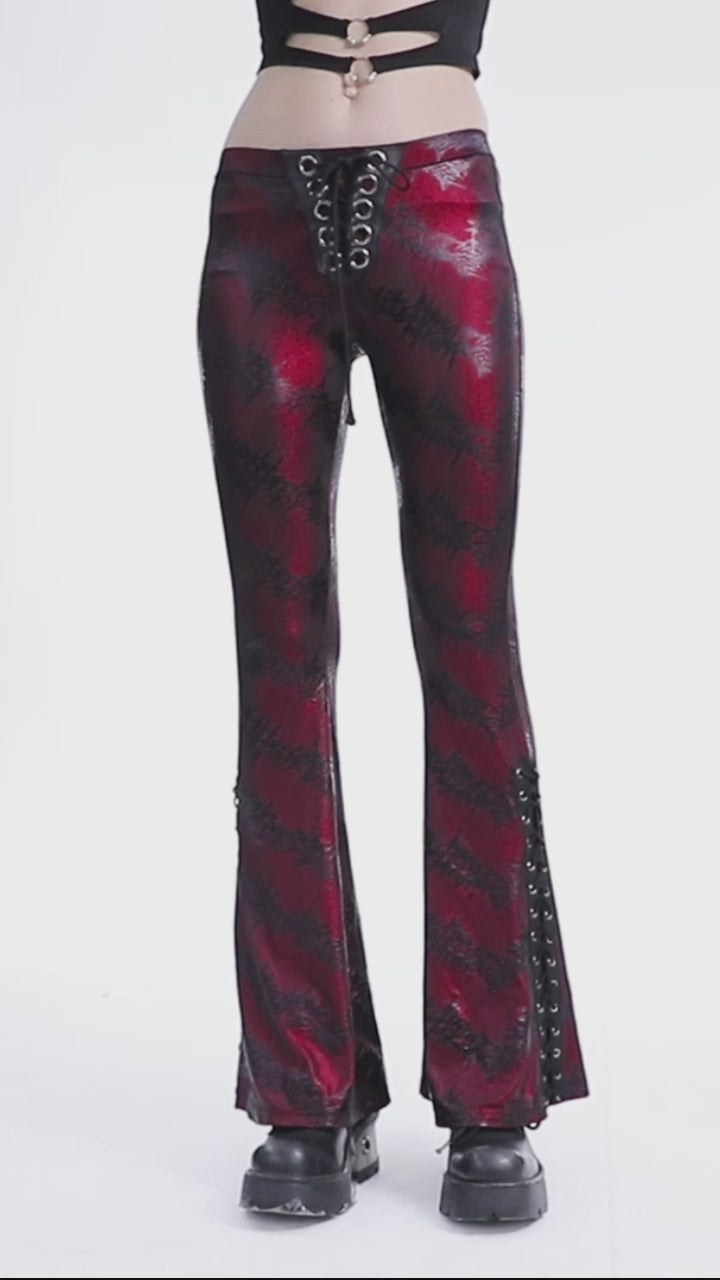 Model showcasing Punk Rave WK-619 Bloodlines Gothic red flared trousers