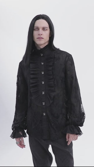 Model showcases the Punk Rave WY-1592 sheer lace shirt, posing to reveal front view, close-up button details, ruffled trim, and wide lace sleeves. Video highlights fabric texture and dramatic Gothic silhouette.