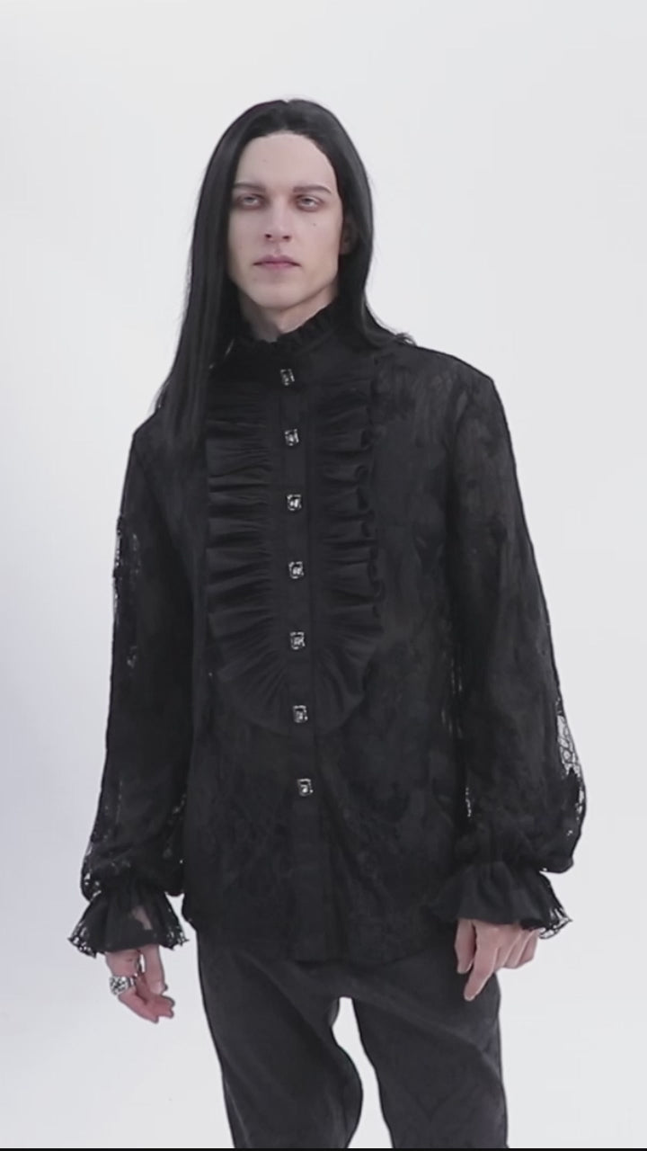 Model showcases the Punk Rave WY-1592 sheer lace shirt, posing to reveal front view, close-up button details, ruffled trim, and wide lace sleeves. Video highlights fabric texture and dramatic Gothic silhouette.
