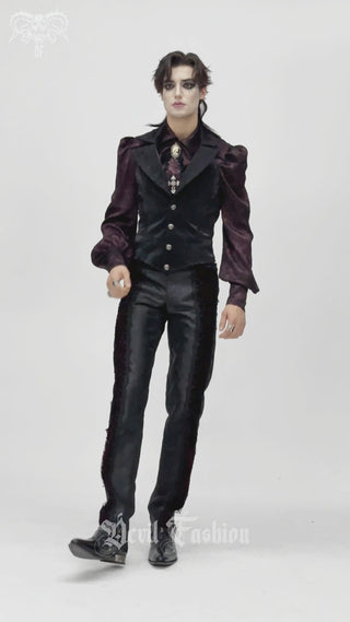 Model wearing The Velvet Baron men's aristocrat Gothic vest showing the fit, embossed jacquard fabric, lace trim, and ornate button details