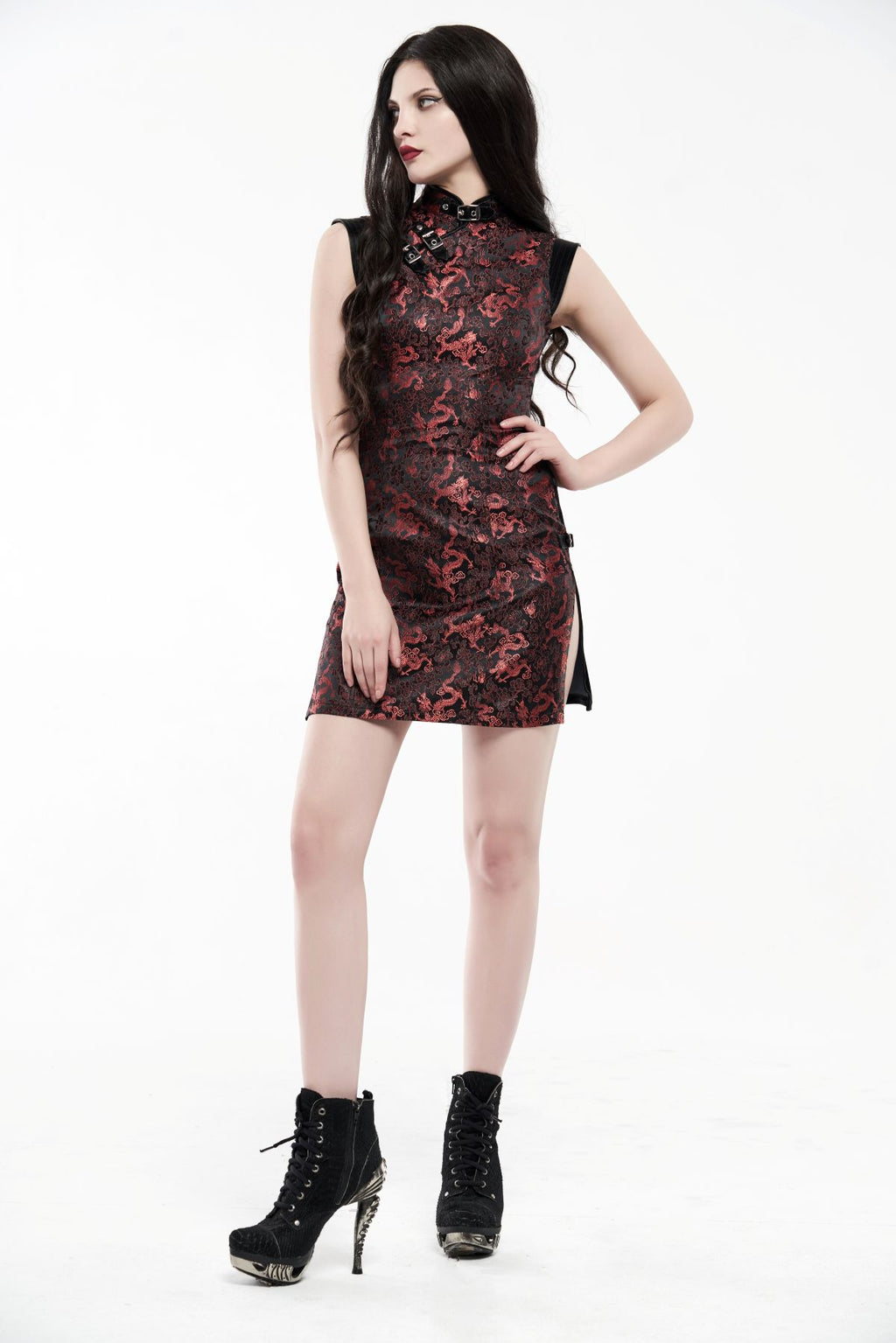 Model wearing punk rave wq-482 a red and black dragon brocade mini dress walks and poses to show movement, front and back views, and close-up details including the high collar, faux leather buckle accents, and fitted silhouette.