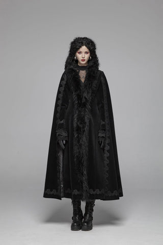 Model walking in punk rave wy-1035 velvet coat with faux fur trim and extra-long split sleeves, showcasing movement against a grey background.