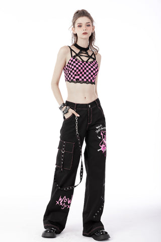 Model wearing Y2K punk black wide-leg pants with pink bear graffiti and chain details