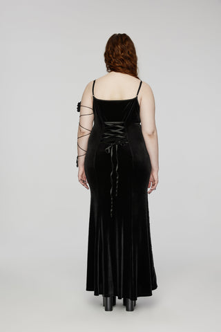 Back view of Punk Rave DQ-731 black velvet gothic dress with lace-up corset detail