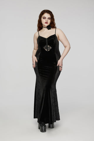 Model wearing Punk Rave DQ-731 black velvet gothic maxi dress with lace panels