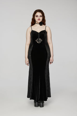 Punk Rave DQ-731 black velvet gothic maxi dress with lace panels and corset back