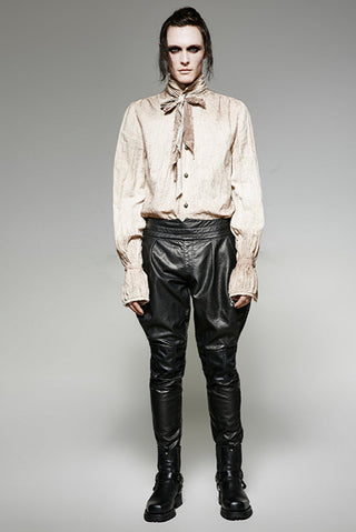 Full-body view of model wearing Punk Rave Drowned Mariner Shirt with leather pants and boots, styled in vampire gothic fashion