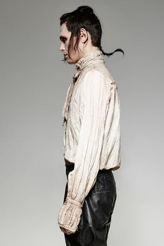 Side profile of model wearing Punk Rave Drowned Mariner Shirt with poet sleeves and frayed collar in aged white