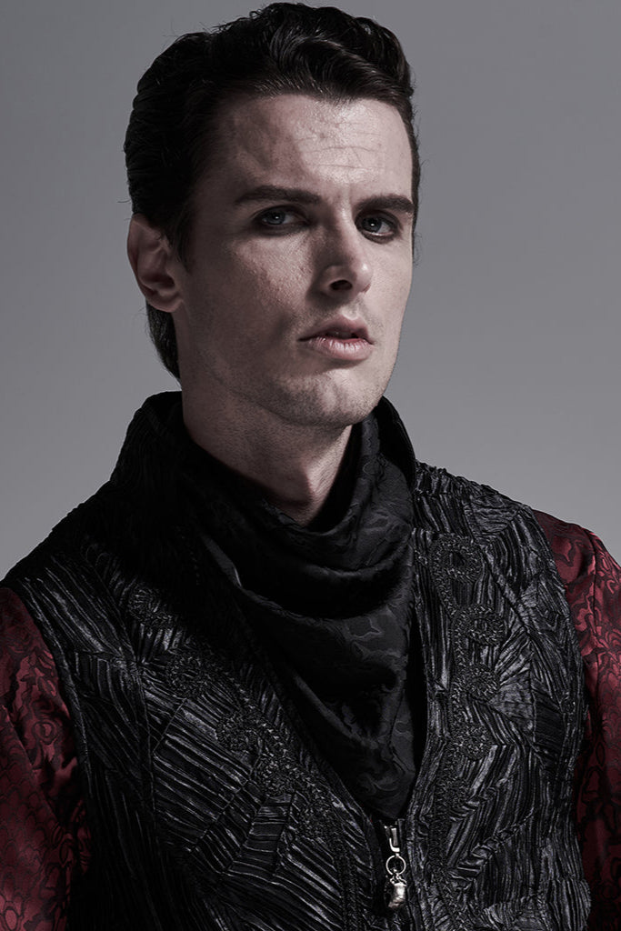 Male model wearing the Punk Rave WS-424 black Gothic neckerchief with brocade texture, styled over a black vest and red patterned shirt.