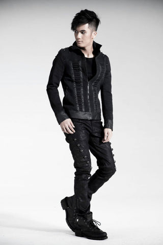 Model wearing punk rave k-136 Wasteland Militia black combat pants with side button detailing and tactical boots