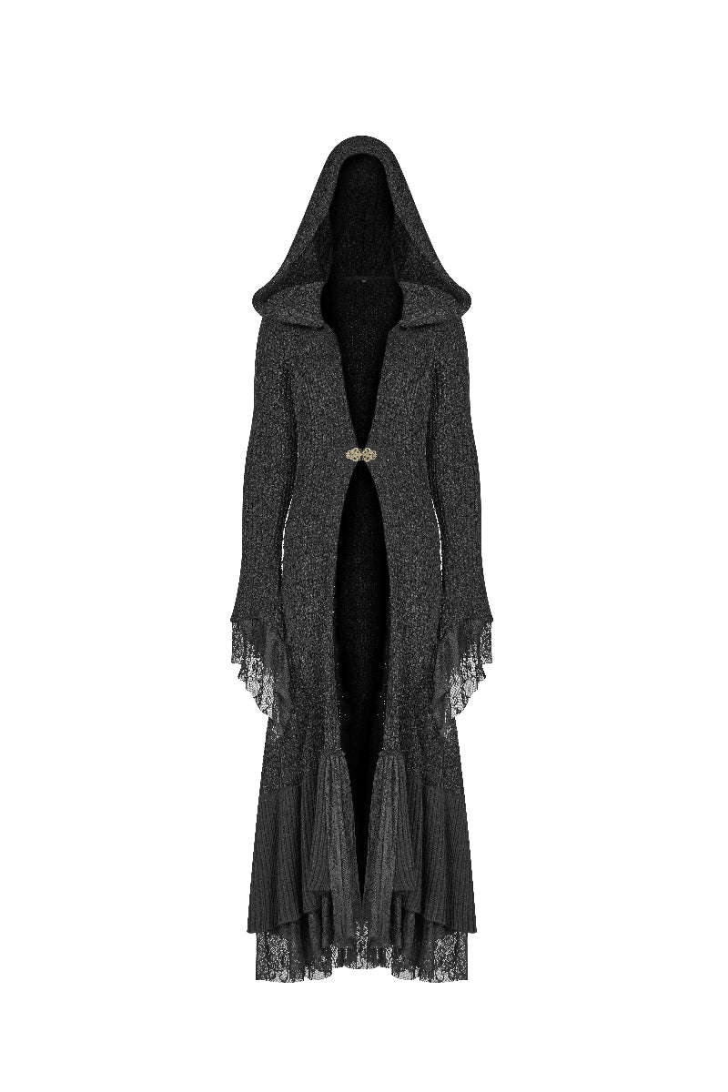 Front view of Punk Rave M-047 black hooded Gothic witch cardigan with flared lace hem and brass clasp