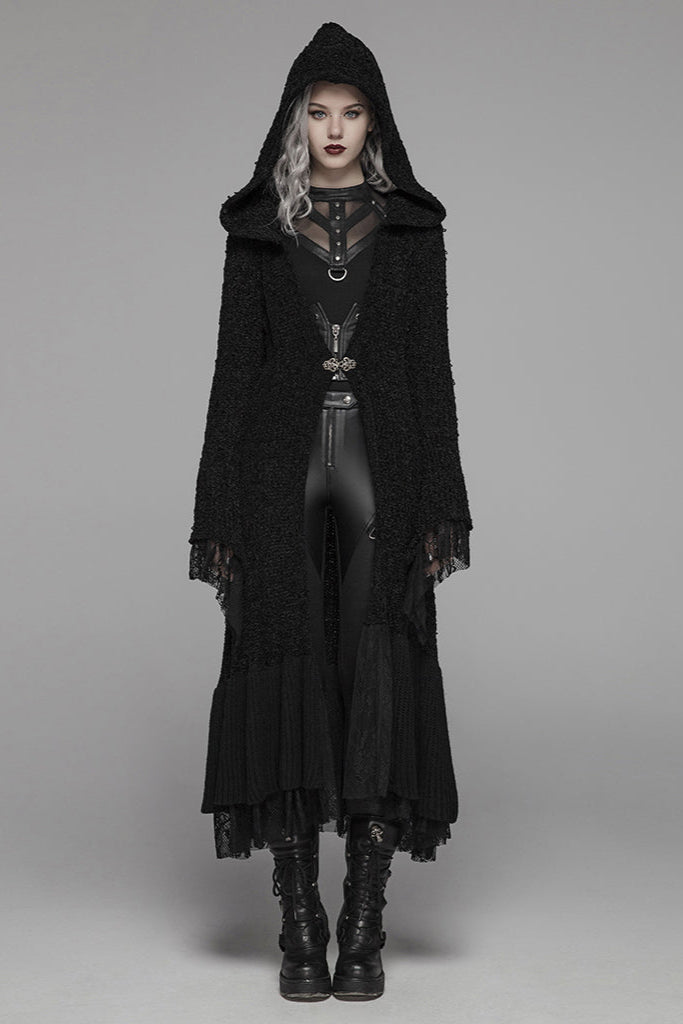Model wearing Punk Rave M-047 long black hooded Gothic witch cardigan with lace and flared sleeves