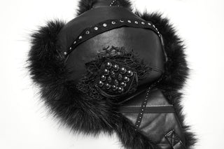 Close-up of black faux fur Cossack-style hat with stud and lace detailing