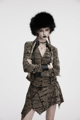 Model wearing a black faux fur Cossack-style winter hat in full-body studio shot