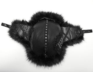 Top view of black faux fur Cossack-style hat with adjustable straps