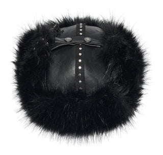 Top view of black faux fur Cossack-style hat with leather and stud details
