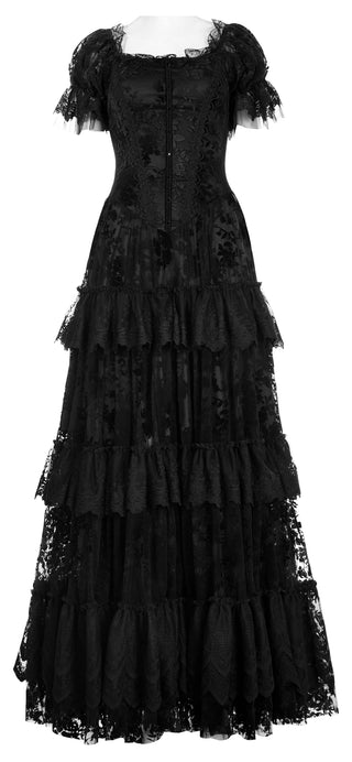 Front view of Punk Rave WQ-613 black Gothic dress with puff sleeves and tiered lace skirt