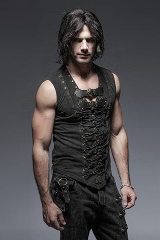 Man wearing the Punk Rave T-421 sleeveless Gothic top with full front lace-up and double buckle chest detail.