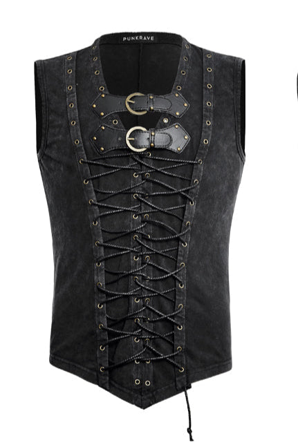 Front view of the Punk Rave T-421 black sleeveless top featuring full lace-up front and double buckle chest straps.