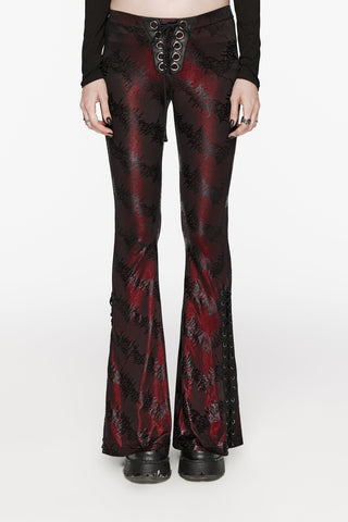 Punk Rave WK-619 women’s Gothic red flared trousers with black abstract pattern, low-rise lace-up waist, and lace-up leg details.