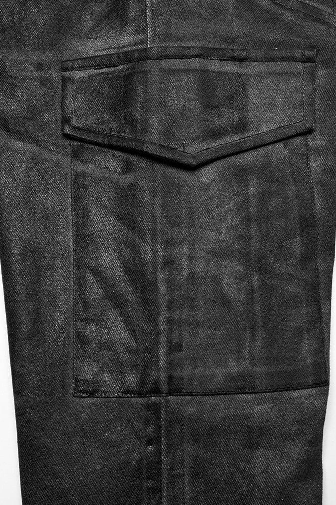 Close-up of the cargo-style side pocket on Punk Rave WK-631 Blackout Trousers, showing flap design and textured distressed fabric.