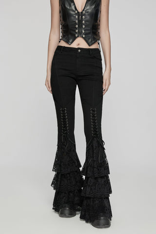 Front view of Punk Rave WK-657 black Gothic flared pants with lace-up legs and layered lace ruffle hems, styled with a leather corset top