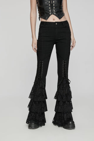 Punk Rave WK-657 black Gothic flared pants with lace-up front and layered ruffle lace hems, styled on model against white background