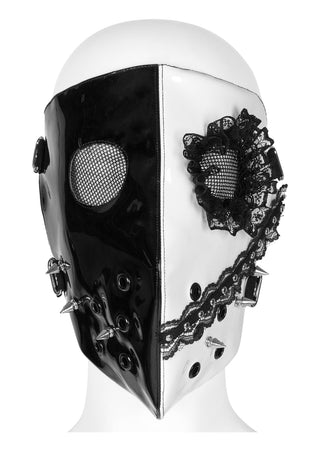 Front view of Punk Rave WLS-059 Dollmaker mask in black and white patent with lace appliqué, mesh eye panels, and metal spike details.
