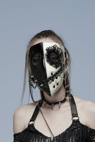 Halloween mask in split black and white patent with lace rose appliqué, spikes, and mesh eye panels.