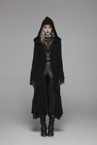Model wearing Punk Rave M-047 long black hooded Gothic witch cardigan with lace and flared sleeves