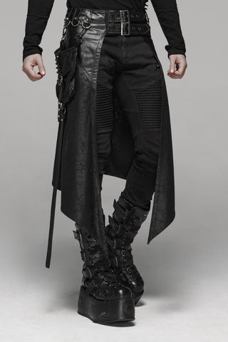 Black gothic leather overskirt with front split panels, buckle waist, and strap hardware