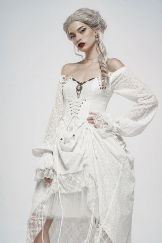 Close-up front view of white gothic off-shoulder dress with lace sleeves and cameo pendant detail