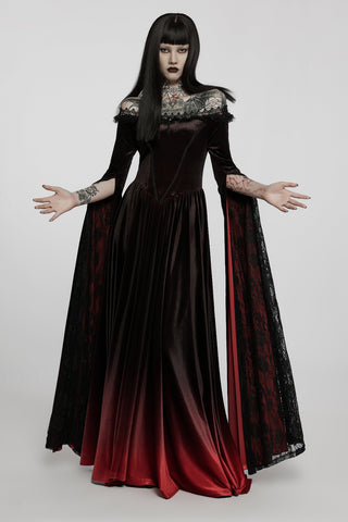 Model wearing Punk Rave WQ-599 Victorian Gothic black velvet gown with red gradient hem and lace slit sleeves, on a white background.