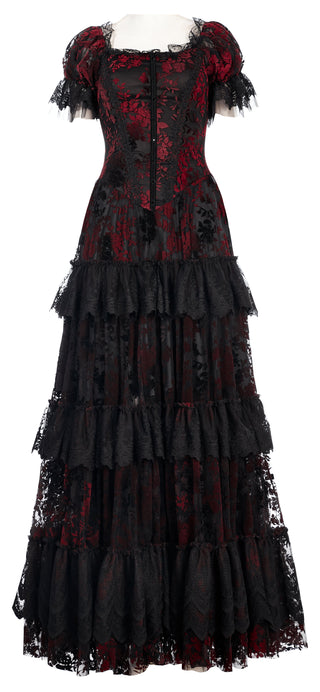 Front view of Punk Rave WQ-613 black and red Gothic lace dress with puff sleeves and button detailing